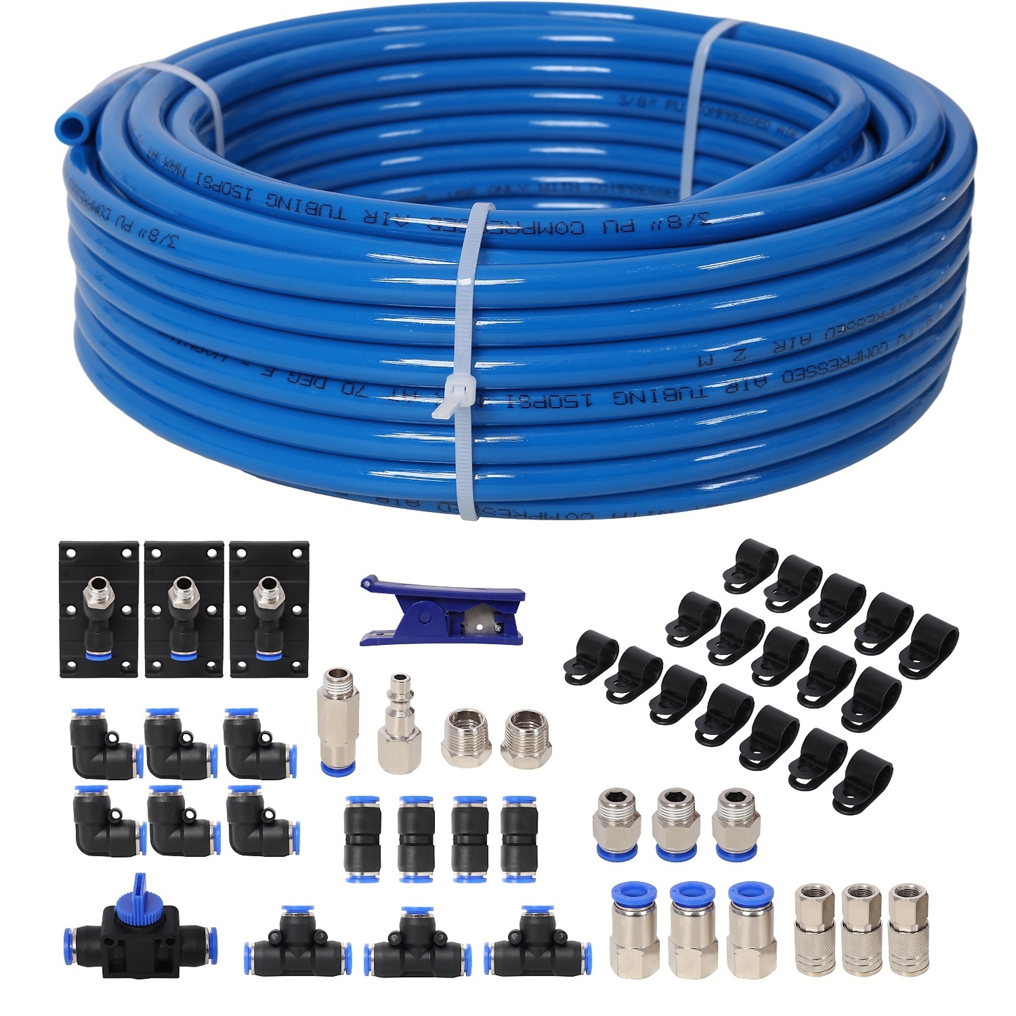 BlackTeck Garage Air Compressor Accessories Master Kit — 3/8in. x 60ft. PU Tubing, Blue, 150 PSI, Model# N2-220507
